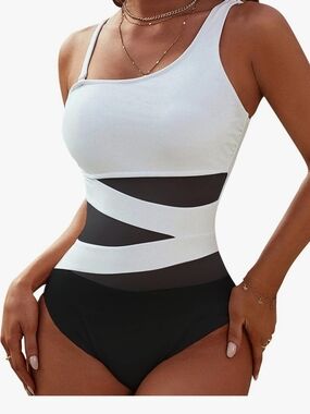 Stylish Women’s One-Piece White and Black Mesh Cutout Swimsuit. Size Large.